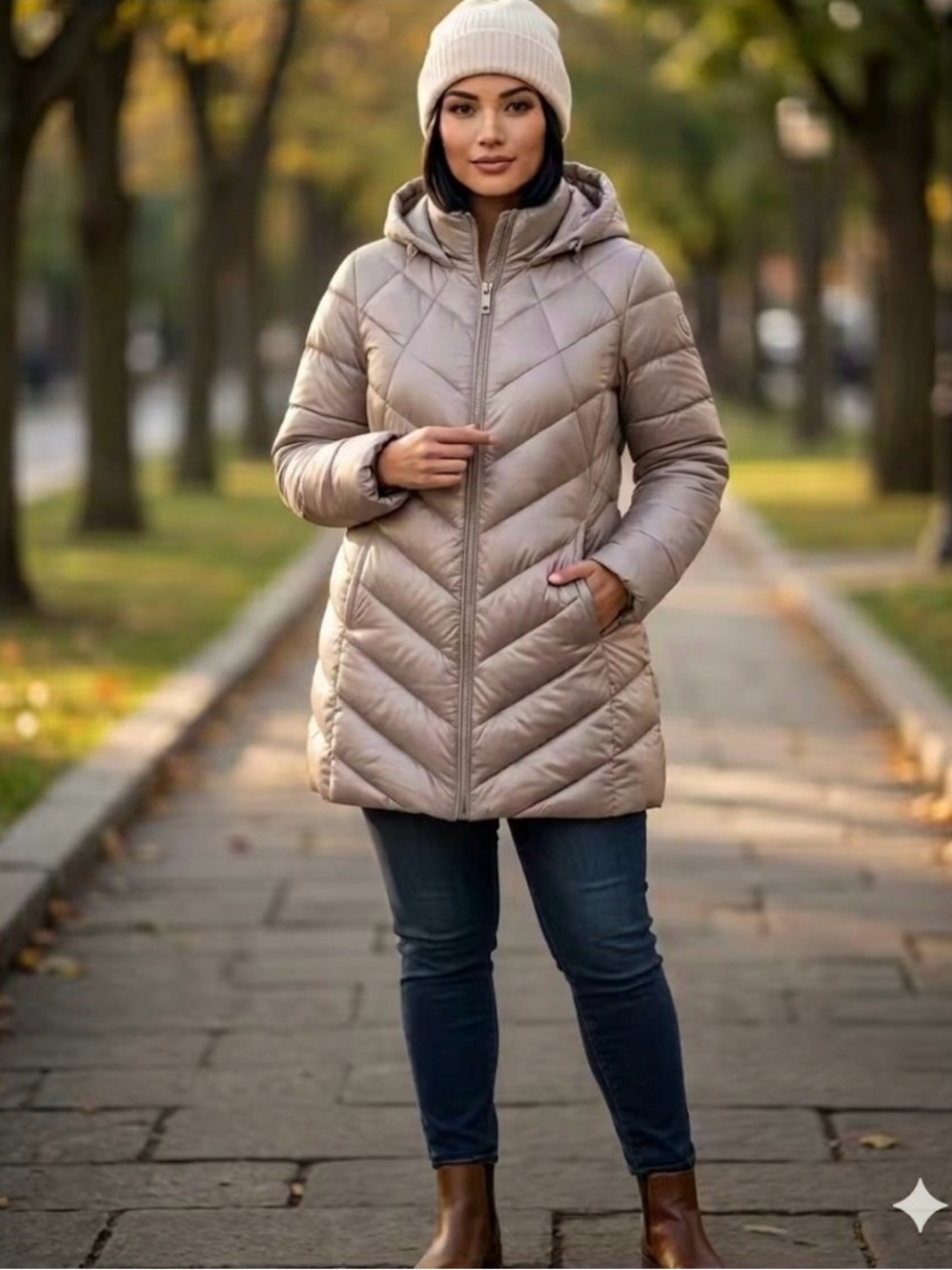 Bernardo Light Taupe Chevron Quilted Hooded Puffer Coat IX